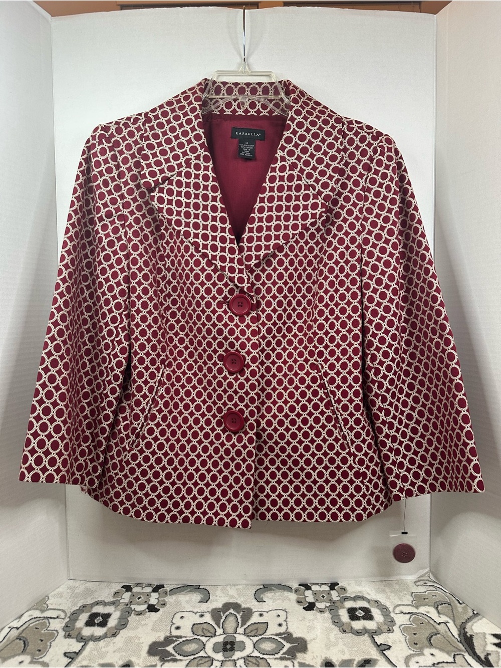 Vintage Rafaella Blazer Women’s 12 Burgundy Cream Geometric 3 Button Retro Y2K